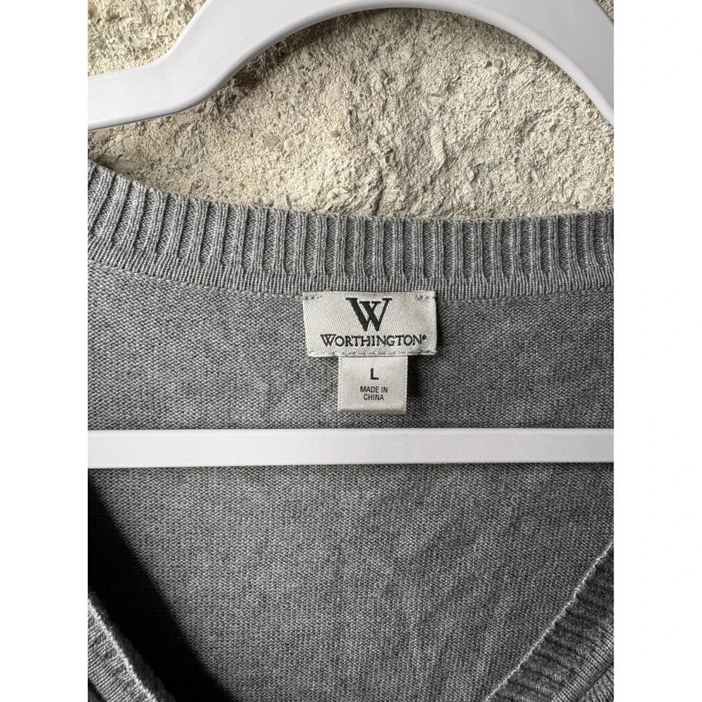 Worthington Womens Gray Ruffle‎ V-Neck Short Sleeve Button Front Cardigan Large